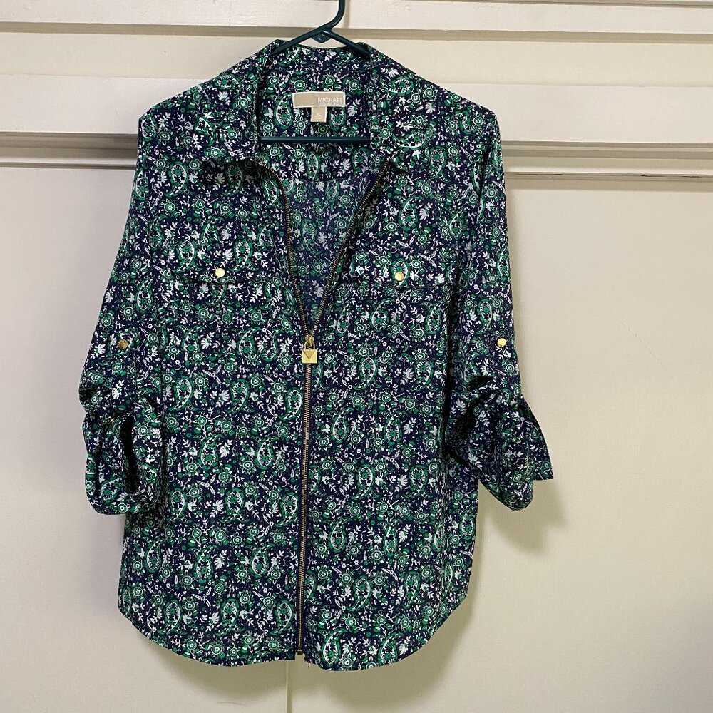 MICHAEL Michael Kors Navy and Green Paisley Zip-Front Blouse
